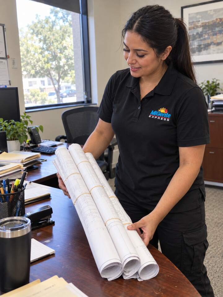MG Express courier handling rolled blueprints for a business delivery