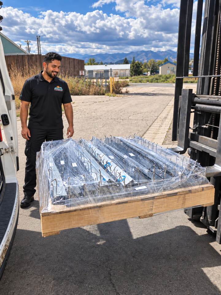 Forklift loading a secured pallet for courier transport